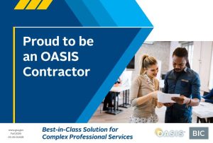 Picture of 2 people collaborating with words "Proud to be an OASIS Contractor"
